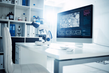 Poster - Empty, room and microscope with computer in laboratory for medical workspace, science and innovation for research breakthrough. Interior, equipment and desktop with technology for experiment and work