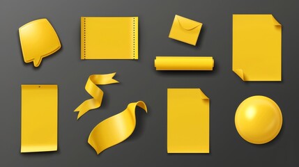 Poster - Various yellow stickers with shadows and curled edges. Tags, sticky notes on transparent background with paper adhesive tape, empty spaces and realistic 3D modern icons.