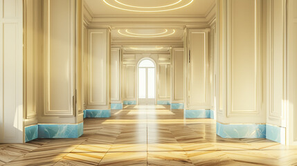 Wall Mural - Elegant house interior with ivory walls, azure trim, and modern circular lighting.