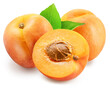 Ripe apricots with leaf and apricot half isolated on white background. File contains clipping path.