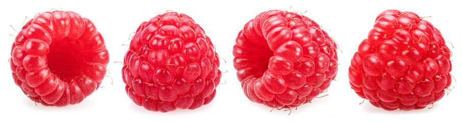 Wall Mural - Set of four ripe raspberries isolated on white background.
