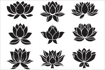 Wall Mural - Set of black lotus lotus flower silhouettes, Lotus flower silhouettes icon set, Set of black lotus flower silhouette, Silhouettes of lotus flowers, Lotus icon, Lotus flower logo, lotus flower, Beauty