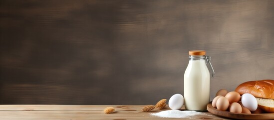 Canvas Print - Wooden table with a bottle of milk eggs and bread offering plenty of space for text in the image. Copy space image. Place for adding text and design