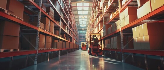 Poster - There are shelves filled with cardboard boxes of goods, workers scanning packages, moving inventory with pallet trucks and forklifts in the distribution warehouse.