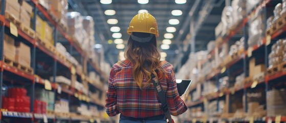 Poster - The View From the Over the Shoulder of a Professional Female Worker in Hard Hat Using Digital Tablet Computer with Screen Showing Analysis Software. A Retail Warehouse full of shelves with goods.