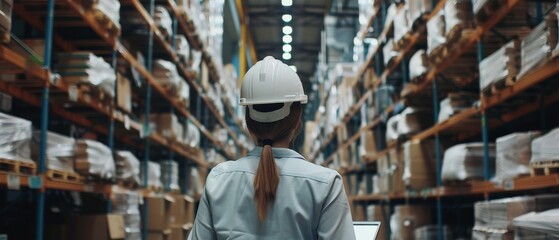 Wall Mural - Woman wears hard hat while using digital tablet with inventory checking software in retail warehouse full of shelves with goods. Delivery, distribution center.