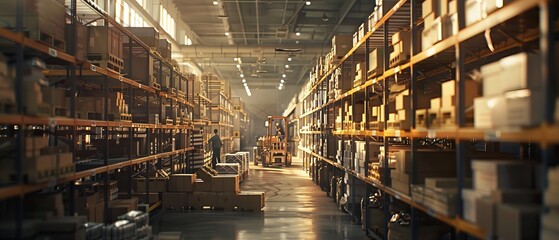 Poster - There are shelves in a retail warehouse filled with goods in cardboard boxes, workers scanning and sorting packages, and pallet trucks and forklifts moving inventory. This is a delivery center for