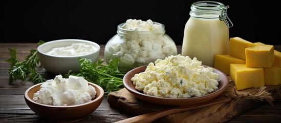 Wall Mural - On a gray background there is a collection of dairy products that includes fresh homemade cottage cheese sour cream cheese and kefir These fermented foods containing prebiotics are beautifully presen