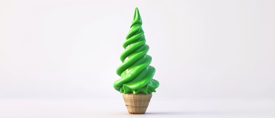 Poster - Green ice cream cone Christmas tree on bright white background. 3D rendering.