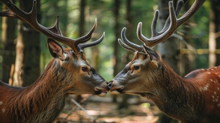 Wall Mural - Two red deer cervus elaphus standing close together and touching noses in the forest in nature in summer A pair of wild animals look at each other in the forest. Deer and deer smell in the wilderness.