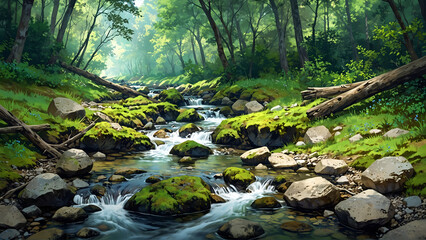 Wall Mural - Small river stream with rocks in the forest, watercolor illustration art.