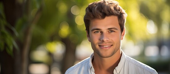 Wall Mural - A relaxed young man stands outdoors in a portrait with ample copy space image