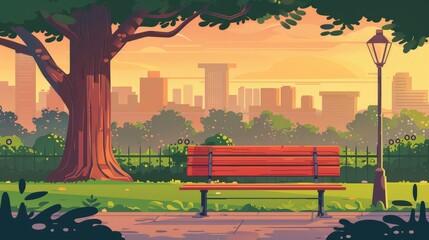 Wall Mural - A bench in a park, a landscape with city lights and a sunset background. A place for walking and recreation with green trees, litter bins, and street lamps. Urban garden Cartoon modern image.