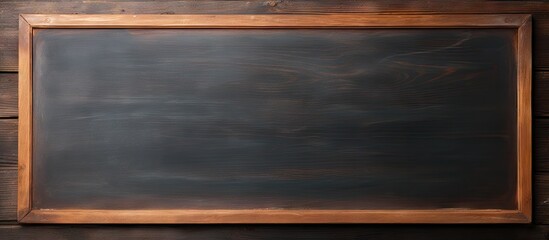 Wall Mural - A top view of a wooden table with a meticulously clean vintage chalk board providing ample copy space for images