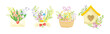 Spring Floral Composition with Blooming Flora Vector Set