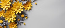 Top Down View Of A Gray Background With A Stunning Abstract Floral Arrangement The Centerpiece Is Made Up Of Yellow Daisy Earrings Leaving Room For Text Perfect For A Copy Space Image