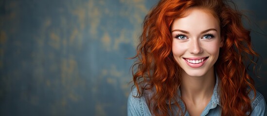 Charming redhead girl with a natural beauty happily smiling and looking at the camera allowing for copy space image