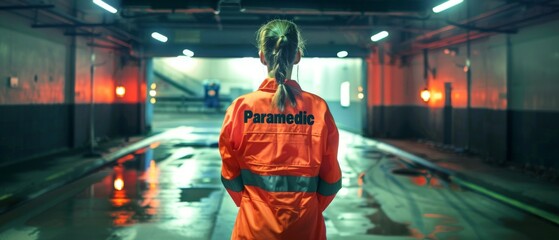 The female EMT or doctor is proudly standing with her back turned to the camera, wearing a high visibility medical orange uniform with the word 