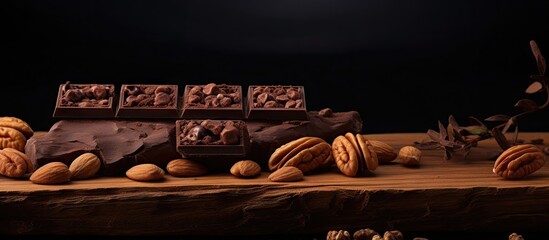 Wall Mural - Dark copy space image featuring a chocolate bar adorned with peanuts and walnut standing out on the isolated background