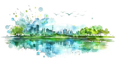 A city with a large body of water in the background. The water is calm and reflects the city skyline. There are trees and birds in the foreground, adding a sense of tranquility to the scene