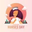 International nurses day - Cute charecter woman nurse put hand on chest with pride on cityscape and circle sun vector design