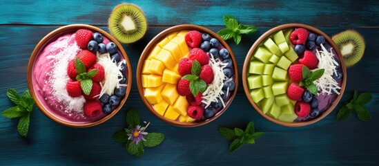 Sticker - A top down view of vegan berry smoothie bowls featuring the vibrant combination of mango and coconut perfect for a healthy food concept The image leaves ample space for copy