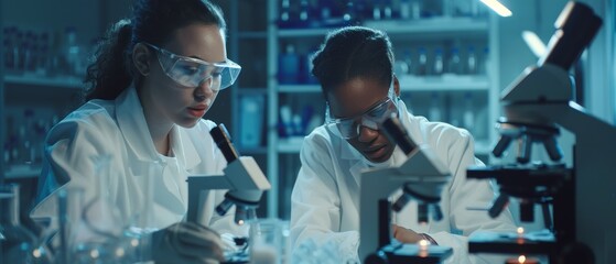 Sticker - A modern scientific pharmaceutical lab with two female scientists analyzing samples using microscopes and talking.