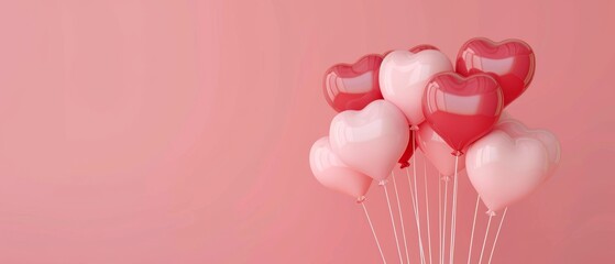 Wall Mural - Heart balloons sent by hand on pastel pink background. Valentine concept. 3D rendering