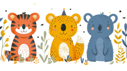 Wall Mural - Birthday party funny animal character illustration for greeting cards, kids, and education. Collection of adorable wildlife including tigers, koala bears, foxes, crocs, and other awesome animals.