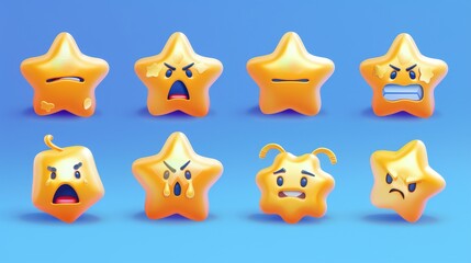 Wall Mural - Embroidered star emojis with gold shiny faces expressing different emotions isolated on blue background. Modern cartoon set of funny star characters with happy smiles, excited, angry, arrogant,