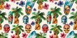 Seamless summer pattern, watercolor illustration in Hawaiian, tropical style with tikki masks, palm leaves, surfboards, and hibiscus flowers. Template for fabric, wrapping paper, wallpaper