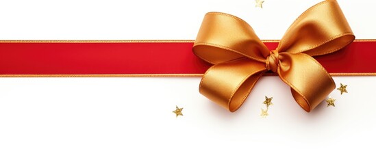 Wall Mural - A festive frame of Christmas ribbon placed on a white background with ample copy space for an image