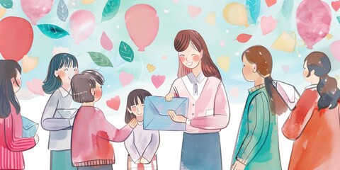 Wall Mural - A group of people are standing around a woman holding a letter. The woman is smiling and the children are looking at her. The scene is happy and friendly