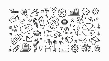 Wall Mural - Illustration of a set of doodles, outline business signs cogwheels, hand with puzzle piece, joined palms, negotiation, paper airplanes, high-five, handshake, raising arrows, and success Linear modern