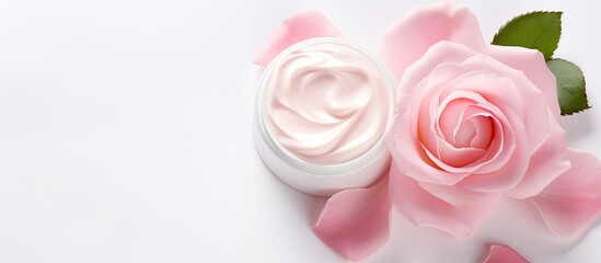 Sticker - A white background provides a copy space image to showcase the concept of using natural organic ingredients in cosmetology It includes rose extract for moisturizing nourishing delicate skin reducing