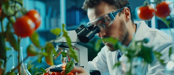 Poster - A handsome male scientist wearing safety glasses analyzes a lab-grown tomato under his advanced microscope. Molecule samples are examined at a modern laboratory with technological equipment by a