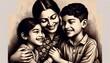 Portrait of happy Indian mother hugging her smiling children, old engraving style