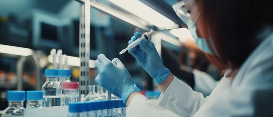 Canvas Print - A beautiful female scientist uses a micro pipette for analysis in a modern medical research laboratory. Advanced scientific lab for medicine, biotechnology, and microbiology development. Close-up of