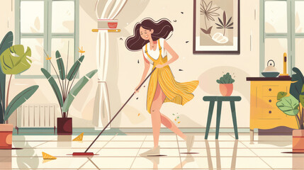 Wall Mural - A happy woman is using a mop to clean the floor of her home. She is dancing while she cleans, and she seems to be enjoying herself.