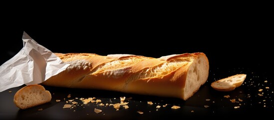 Canvas Print - On a black background there is a cut up cereal baguette placed on parchment paper leaving a copy space image