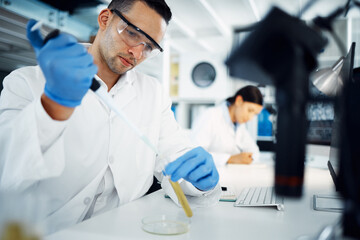 Poster - Scientist, man and pipette on test tube for research, exam or chemical analysis for healthcare innovation in laboratory. Dropper, science or medical study of drugs, liquid or biotechnology for cure