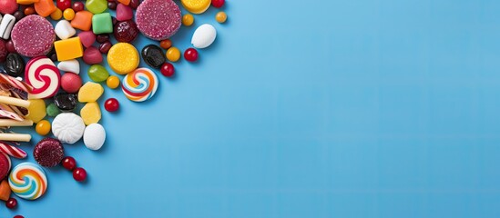 Poster - Flat lay view of colorful candies on a blue background creating a captivating copy space image