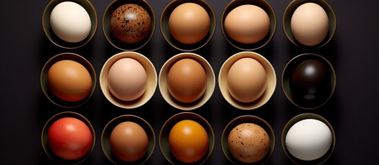 Canvas Print - A variety of farm fresh eggs showcased in a bowl against a black backdrop captured from a top down perspective The image features a flat lay arrangement providing ample copy space