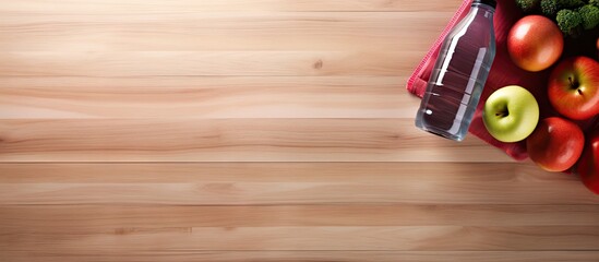 Sticker - View from above of fitness equipment healthy food sneakers water bottle and towel arranged on a wooden floor creating a visually appealing copy space image