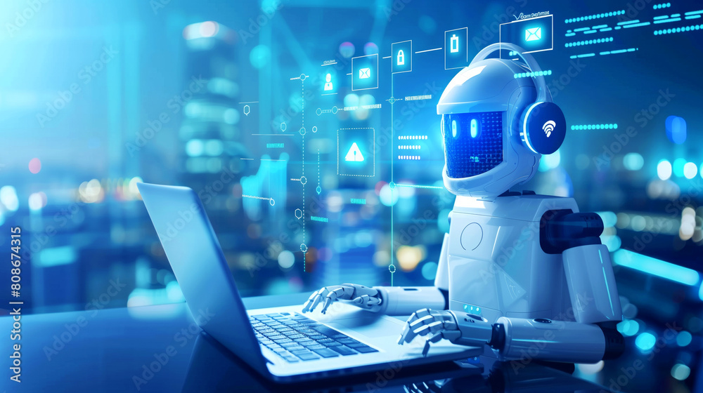 Futuristic AI robot using a laptop for cybersecurity operations in a ...