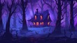 A scary dark forest with a witch house in the mists at night. Modern cartoon illustration representing a gloomy forest landscape with rotting logs and an old cottage.