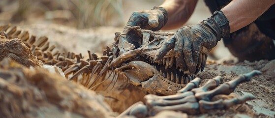 A paleontologist cleans a Tyrannosaurus dino skeleton with a brush. Archeologists discover a new predator species' fossil remains. Workers dig their way into a tomb. Close-up of fingers.