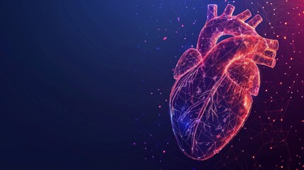 Poster - This is a modern isolated heart with a low poly wireframe and points, positioned on a dark blue background. The heart is polygonal and 3D, and its color is dark blue. Medicine concept with a geometry