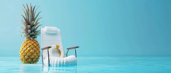 Wall Mural - A blue background with a pineapple and a floating chair depicting a summer beach scene.