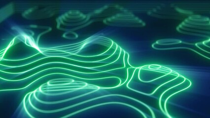 Poster - Green looped futuristic hi-tech landscape with mountains and canyons from glowing energy circles and magic lines. Abstract background. Video in high quality 4k, motion design